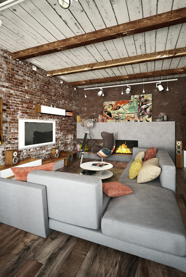 Exposed brick walls and concrete are softened with various kinds of wood