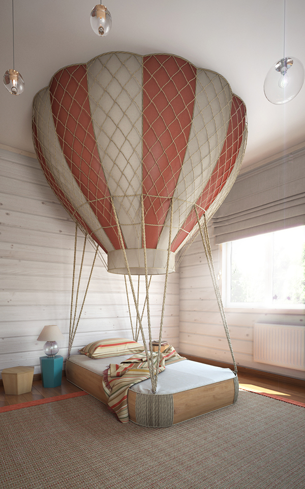 The centerpiece is the sleeping area with a gorgeous hot air balloon bed