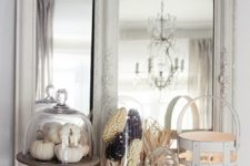 02 mantel with white pumpkins, vintage framed mirrors and corn in cloches