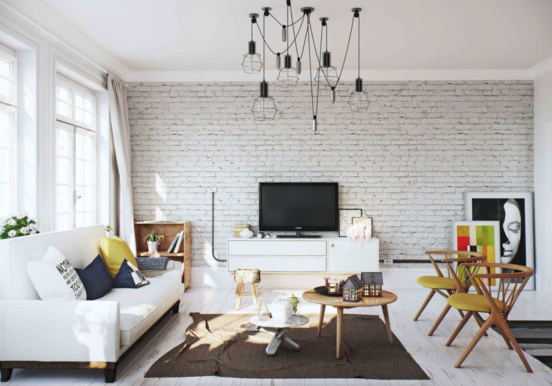 A whitewashed brick wall and black wire lamps add a cool industrial touch to the space
