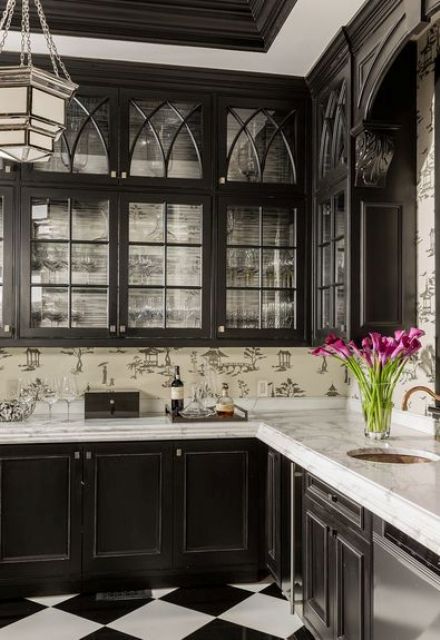 traditional black and white kitchen with glass cabinets and chinoiserie wallpaper
