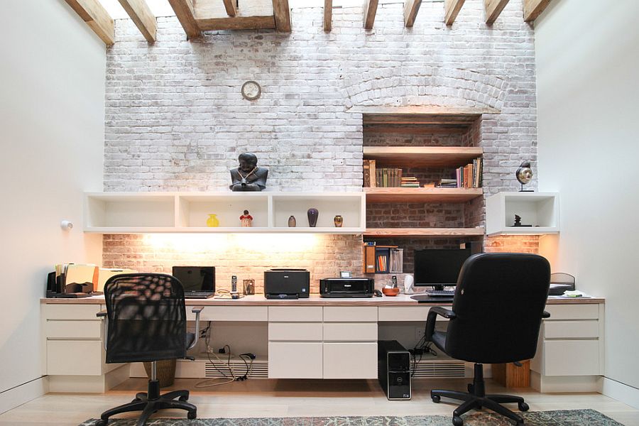 Uneven whitewashed brick wall for a modern shared home office