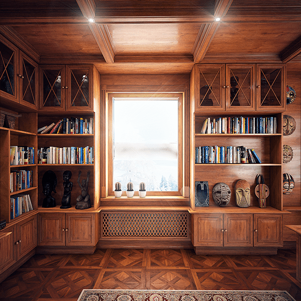 The shelves and cabinets cover all the walls in the home office