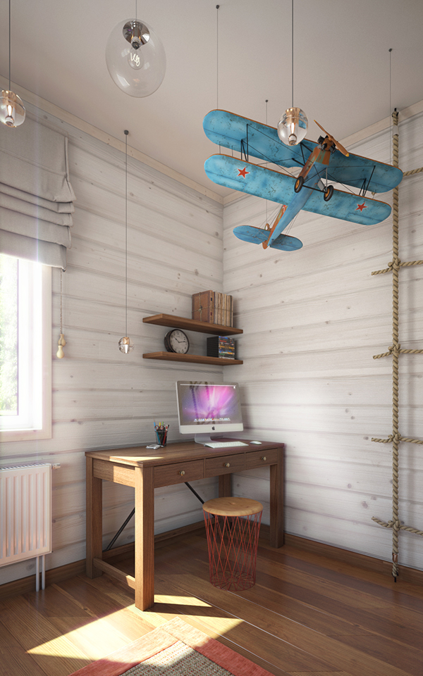 The study nook boasts of a small simple desk, open shelving and a vintage blue plane hanging over it
