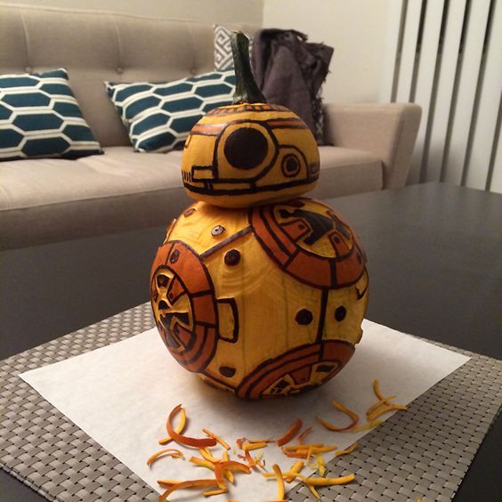 carved and painted BB-8 pumpkin from the last episode of Star Wars