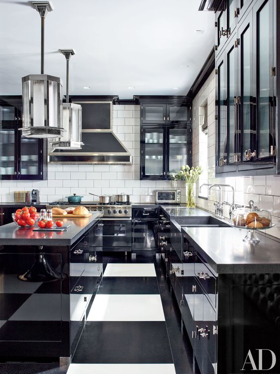 elegant black and white kitchen with art deco and retro touches