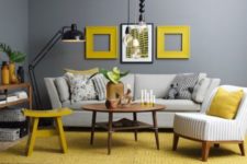 05 gunmetal grey contrasts with yellow frames, a rug and a stool