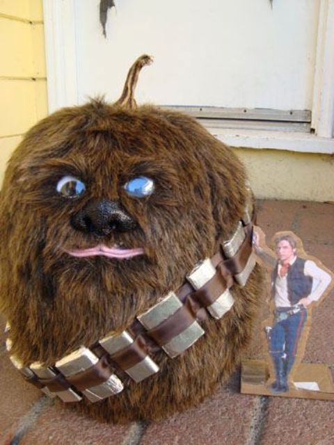 Chewbacca pumpkin made using fur and faux eyes and a nose
