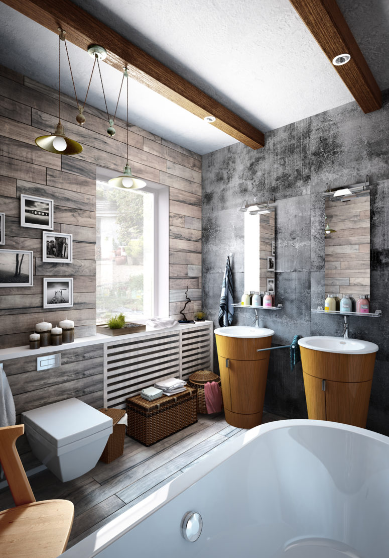 The bathroom is decorated with grey barnwood and concrete