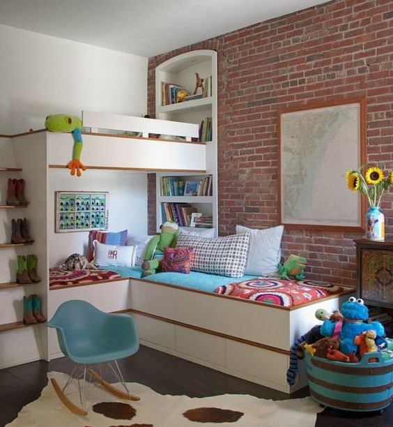 brick walls bring personality to this kid's room