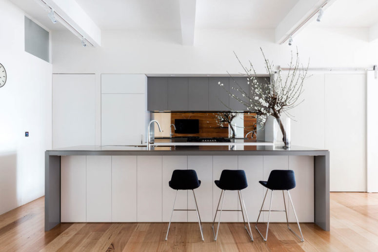 The minimalist kitchen is done in white and grey, it's clear and uncluttered