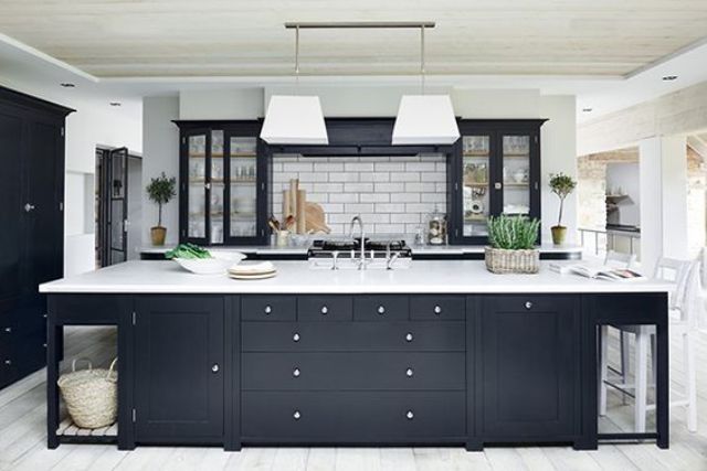traditional monochrome kitchen in a charcoal and creamy white