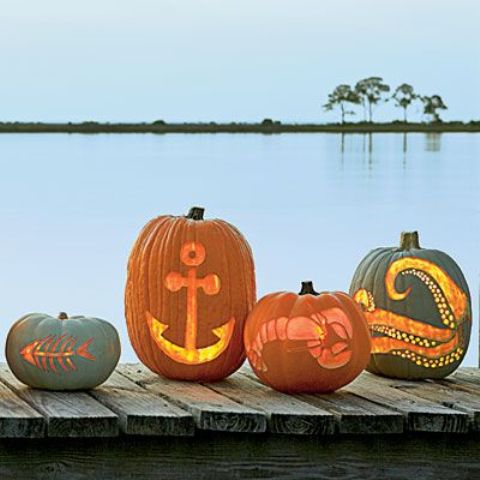 fish bones, anchor, lobster, octopus pumpkins for seaside homes (perfect to put together on one pumpkin stand)