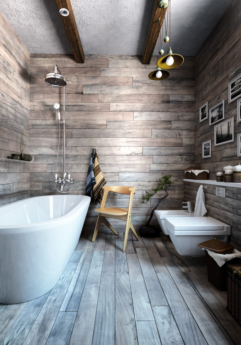 Wood clad is trendy for bathrooms, it makes you feel like in a spa