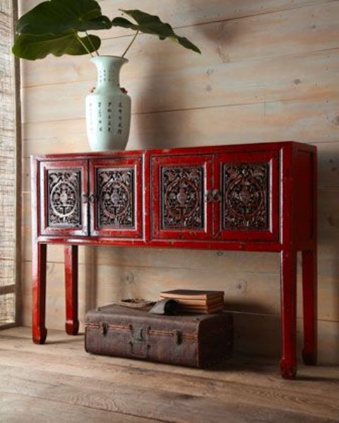 hot red credenza looks cool in a light wood backdrop