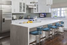 10 white marble-looking granite is durable and bring a modern vibe to these shaker cabinets