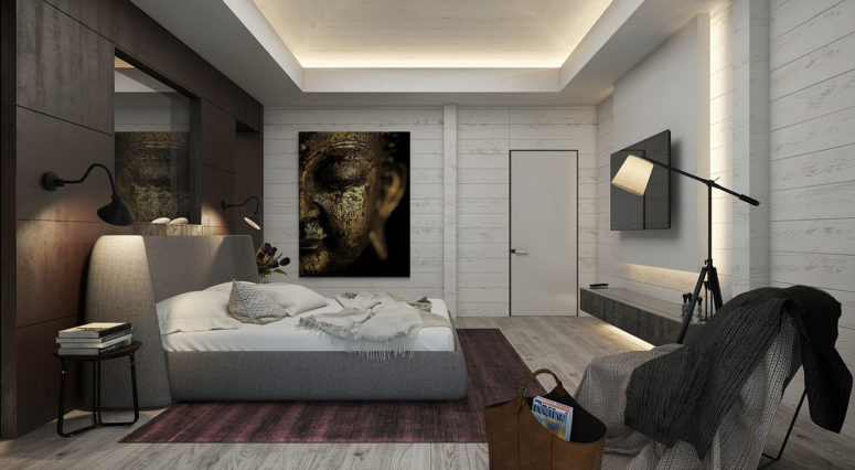 Another bedroom is modern with a cool Eastern art