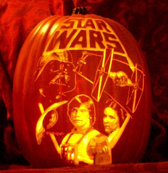 Star Wars Halloween pumpkin carving with Leia, Luke and Darth Vader