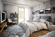 11 The master bedroom is decorated with grey barnwood, brick and concrete, light woods make it cozy