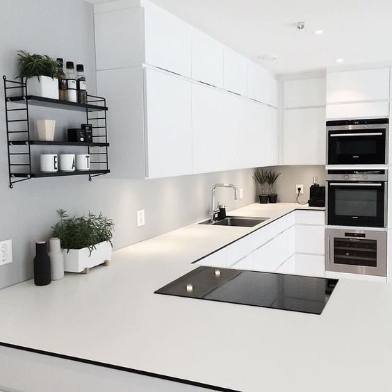 black pocket string shelf in an all white kitchen and the living green elements keep the space looking fresh and alive
