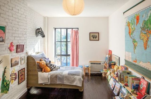 exposed brick, especially white, is ideal for gender neutral kids' rooms