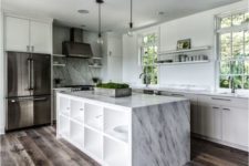 11 waterfall countertop hides a shelving unit inside the kitchen island