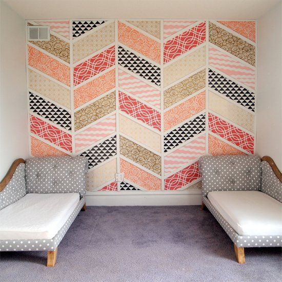 herringbone patchwork wall of colorful pieces
