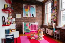 12 red brick walls look bright and blend perfecctly with this colorful nursery design