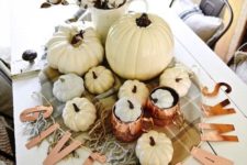 14 pops of copper and neutral pumpkins mixed with plaid and cotton make a lovely centerpiece