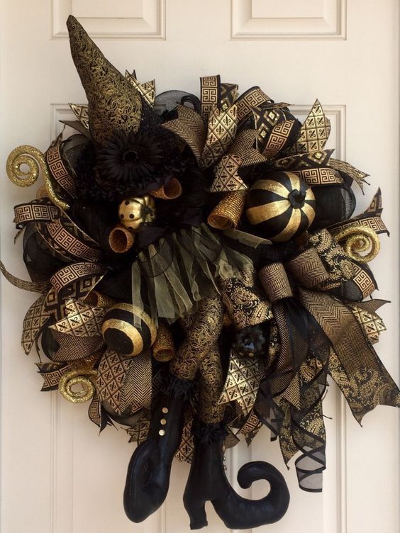 elegant black and gold witch wreath for front door decor