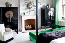15 polished black cabinets and emerald textiles to spruce the bedroom
