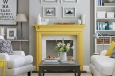 15 to make a simple light grey living room pop, just paint a mantel in bold yellow