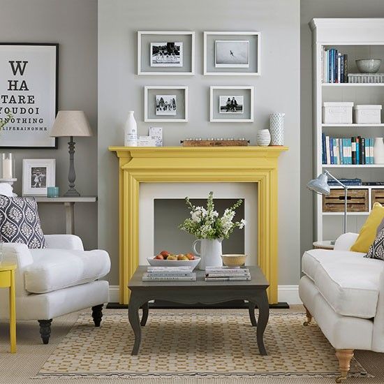 to make a simple light grey living room pop, just paint a mantel in bold yellow