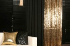 16 these black and gold sequin curtains add a bold touch to the room decor