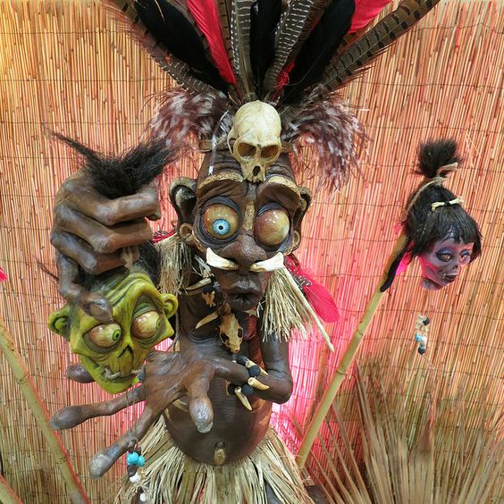 witch doctor with shrunken heads for spooky tropical decor