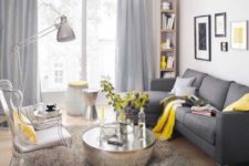 18 dark grey sofa, dove grey curtains, yellow textiles and a vase