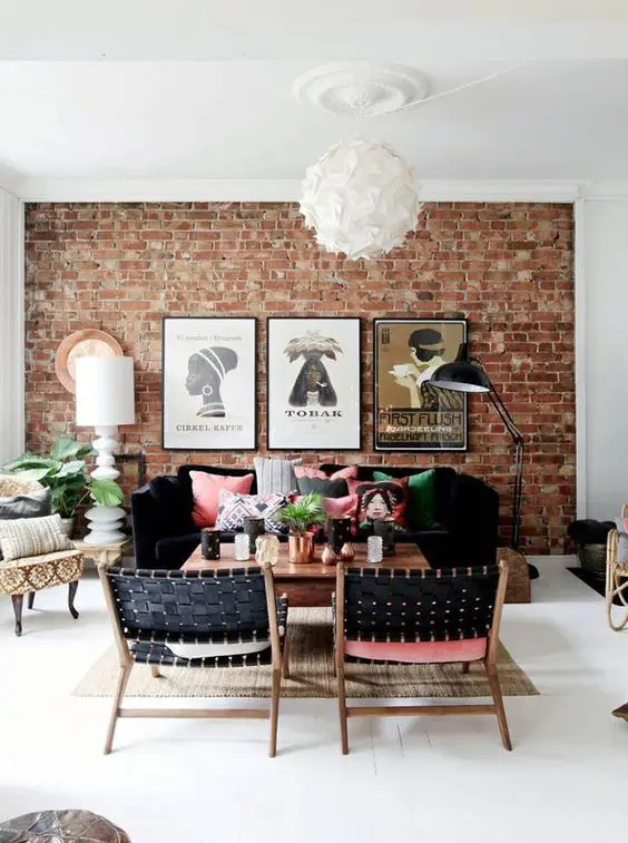 an exposed brick wall for making an accent in a cool living room design