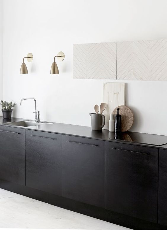 metallic lamps and a chevron wooden art piece spruce up this kitchen a bit