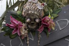 19 shell decorated skull with tropical flowers for outdoor and indoor decor