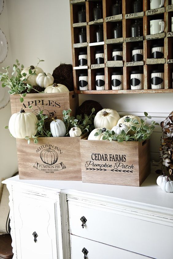 vintage crates with white pumpkins and greenery