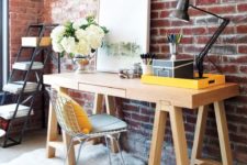 20 chic modern home office with a red brick wall and a wooden desk