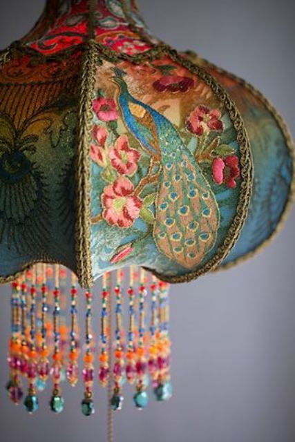 bohemian peacock lamp decorated with beads by hand