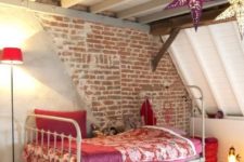 22 attic girl’s space with a part brick wall that makes a statement