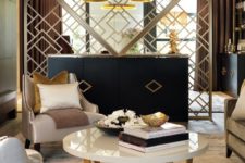 23 elegant geometric gilded screen creates an ambience in this room