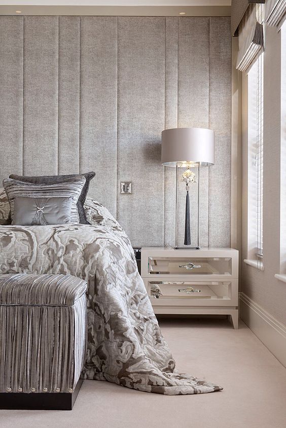 upholstered headboard wall with vertical panels for a textural look