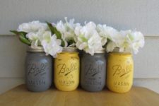 26 grey and yellow distressed mason jars as vases can be an easy DIY project
