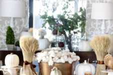 27 copper, gold and white tablescape with cotton, wheat and faux pumpkins