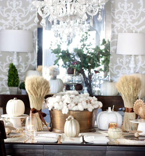 copper, gold and white tablescape with cotton, wheat and faux pumpkins