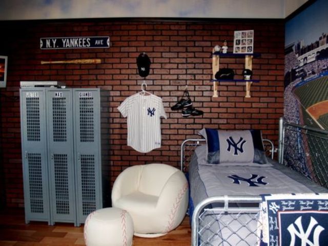 baseball-themed room with a faux brick wall