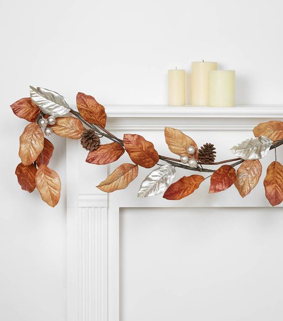 faux leaves and pinecones garland